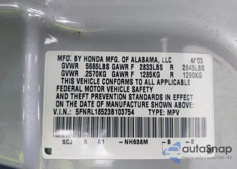 2003 Honda Odyssey Lx из США, поврежденный, VIN 5FNRL18523B103754